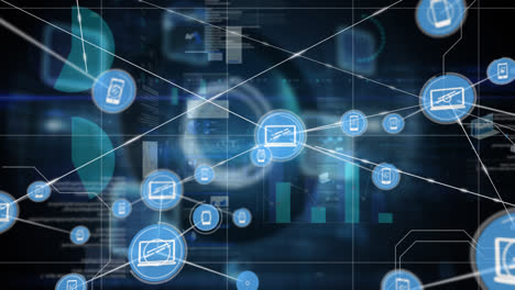 animation of connected technological icons with data and information over a grid