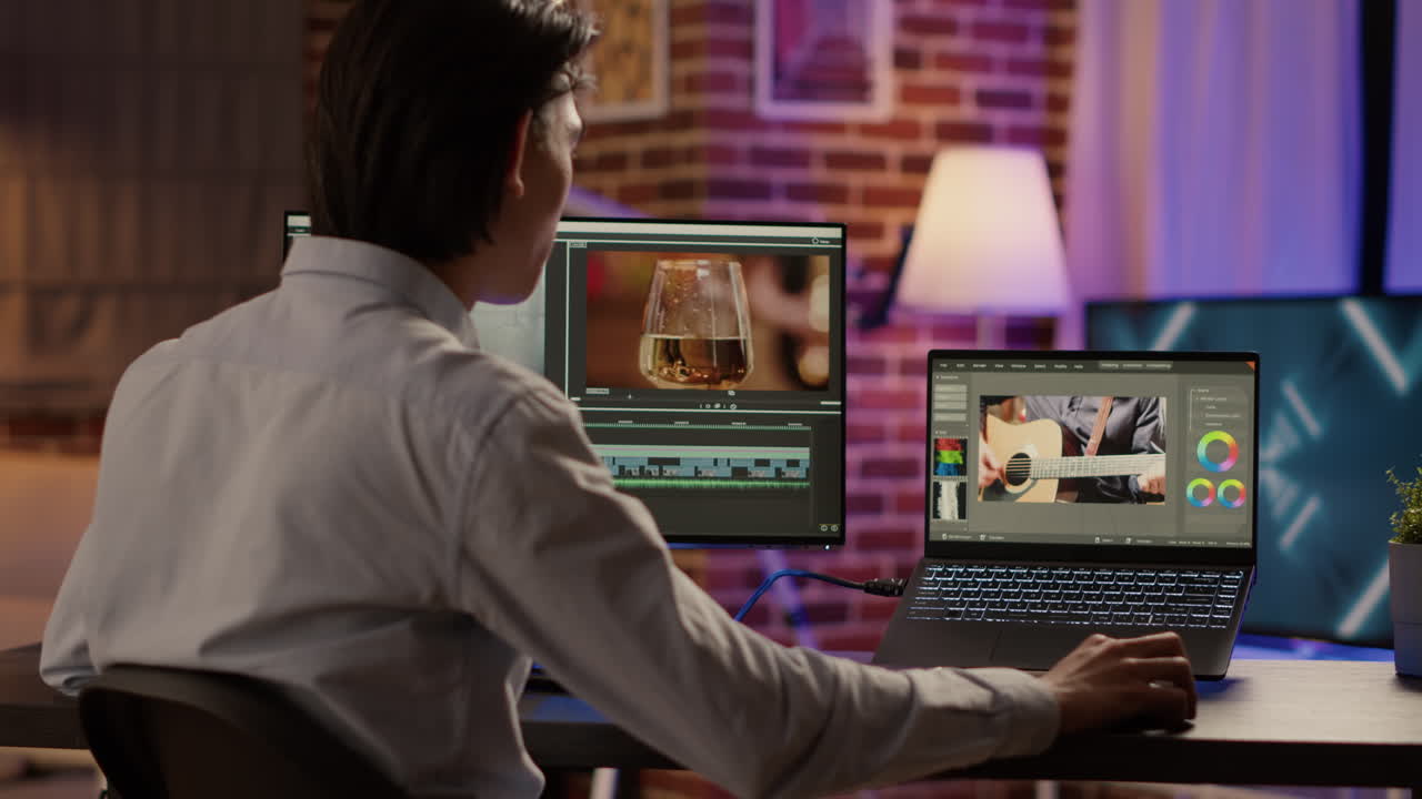 Man editing video on laptop