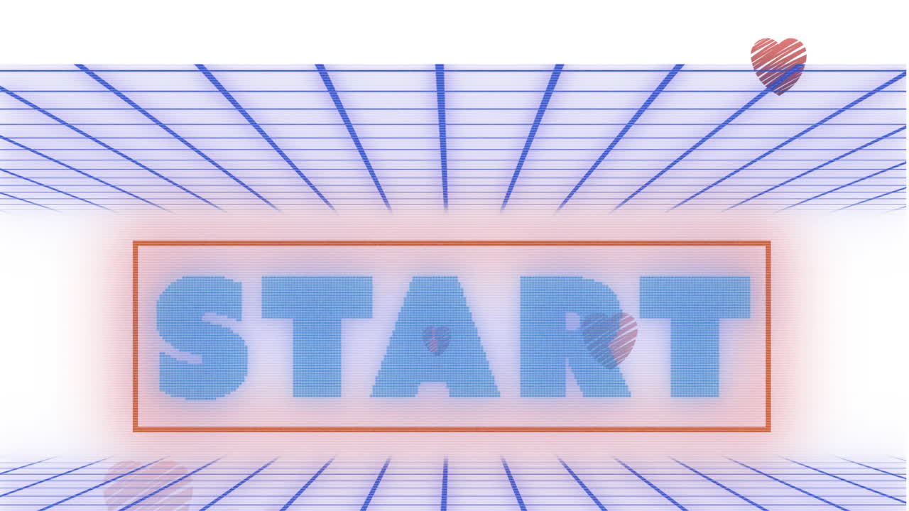 하트 디지털 아이콘과 그리드 위의 시작 텍스트의 애니메이션