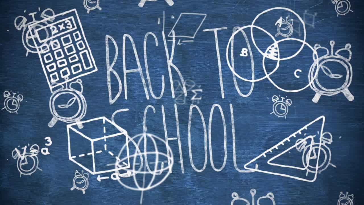 수학적 기호와 방정식이 학교 텍스트와 학교 개념 아이콘에 대해 떠다니고 있습니다.