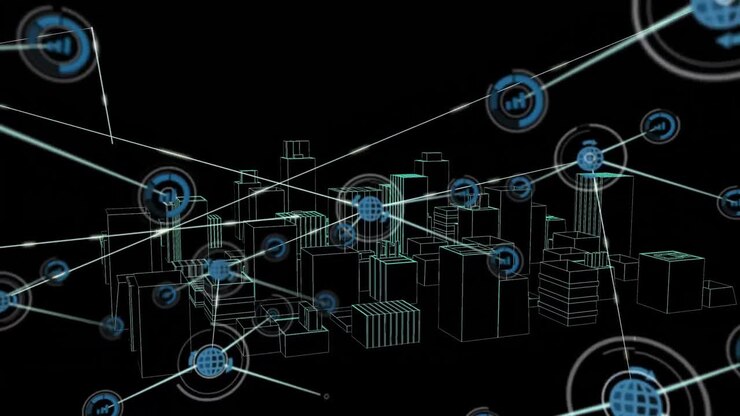 Animation of network connections with globe and statistics icons