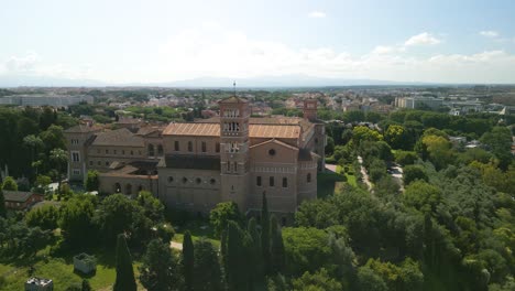 cinematic orbiting shot above basilica of saint bonifacio and alessio in rome, italy