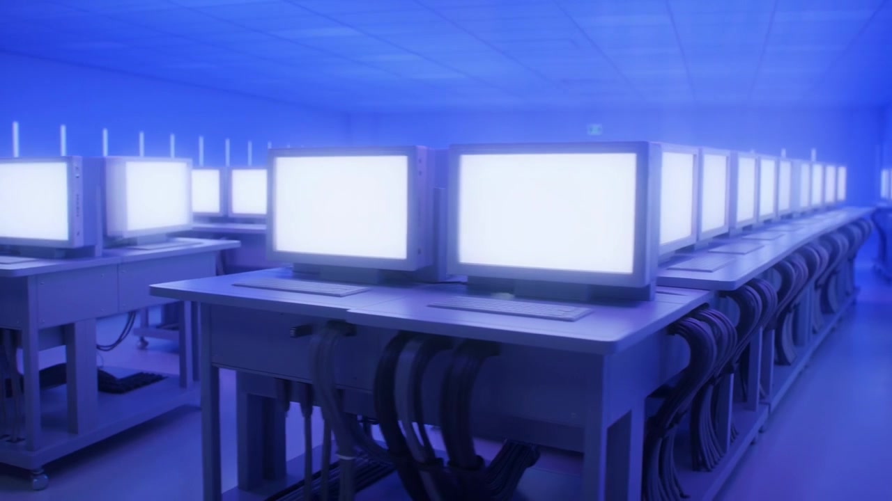 Rows of Retro Computers with Glowing Screens in a Blue-Lit Server Room