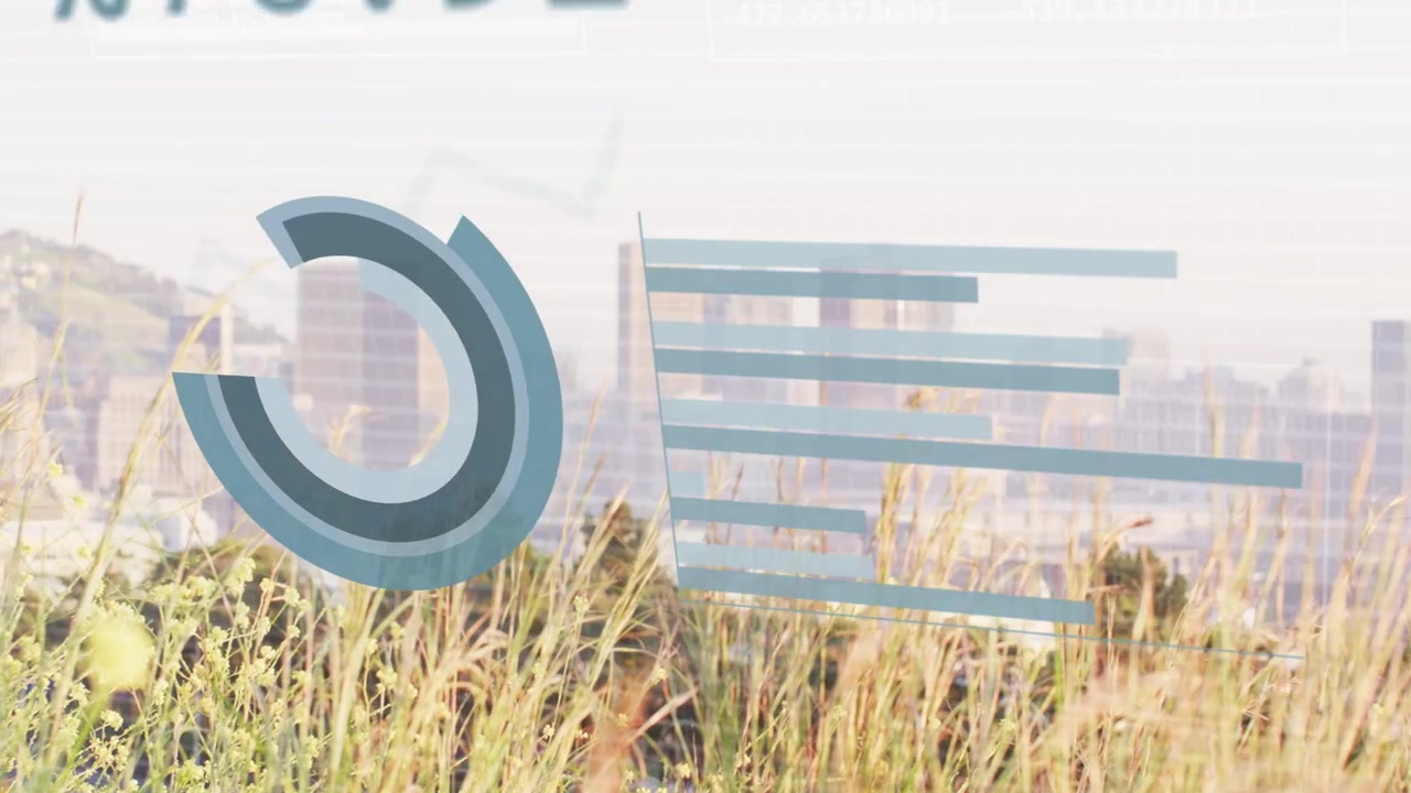3D pie slice descending into grasses, initiating analytics, forming rotating charts and waveform