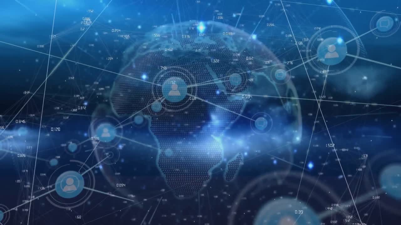 파란색 배경에 회전하는 지구상에서 디지털 아이콘과 빛의 흔적의 네트워크의 애니메이션