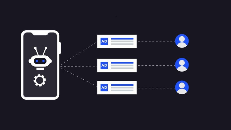 Chatbot AI su smartphone che genera e distribuisce annunci pubblicitari agli utenti