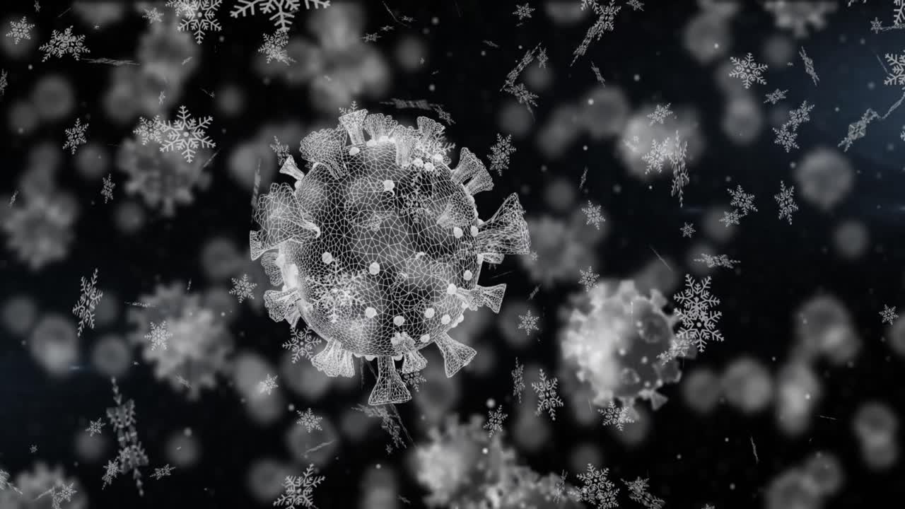 animación de celdas de covid 19 con paisajes de invierno y nieve cayendo sobre un fondo negro