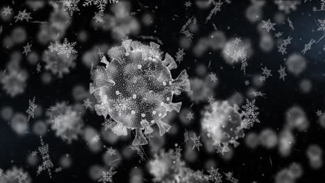 animation of covid 19 cells with winter scenery and snow falling on black background