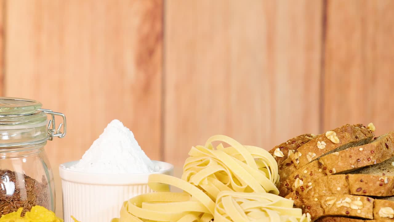 A variety of grains, pasta, and bread arranged on a wooden surface with natural lighting
