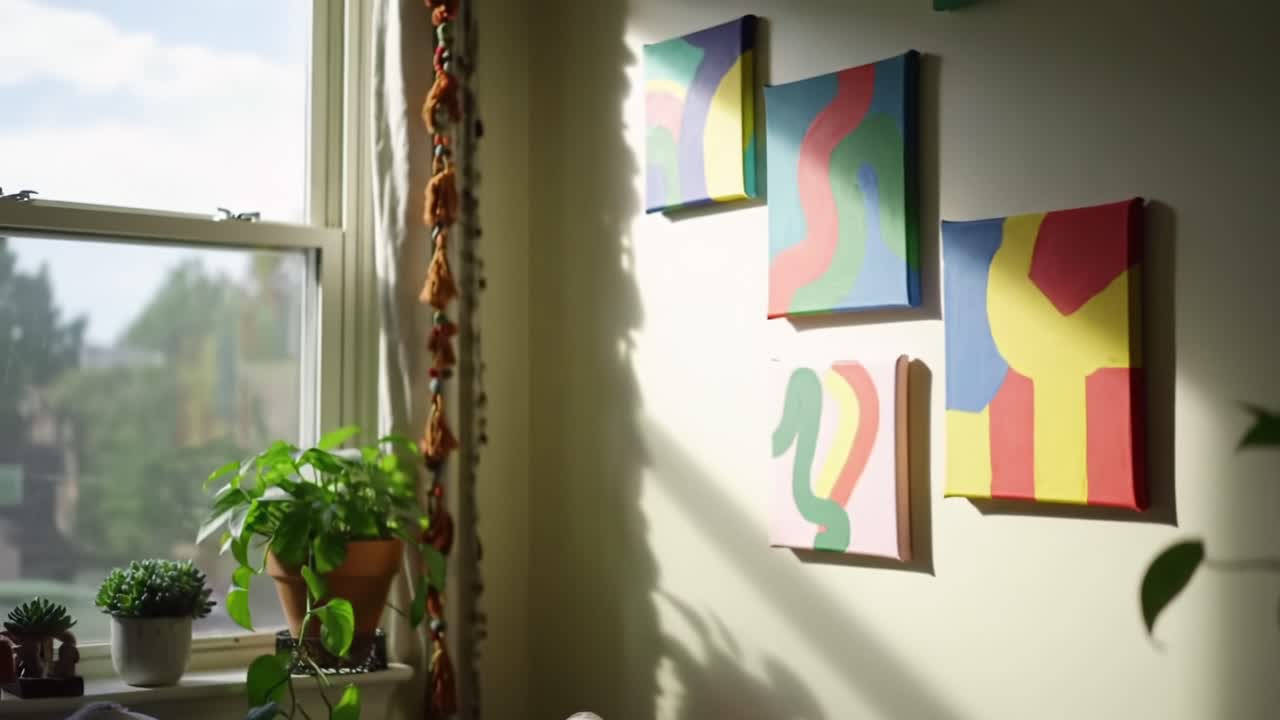 A Brightly Lit Room Showcasing Colorful Abstract Art and Lush Indoor Plants, Merging Nature with Creative Expression in a Cozy Space