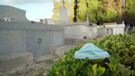 Death-by-Covid-19-pandemic,-protective-face-mask-discarded-on-a-bush-in-a-cemetery-or-graveyard,-graves-and-tombs-in-the-background