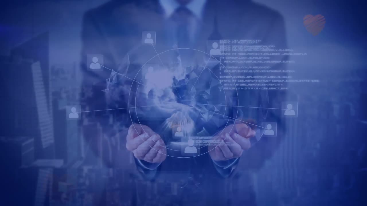 연결의 세계를 보유하는 사업가에 대한 데이터 처리의 애니메이션