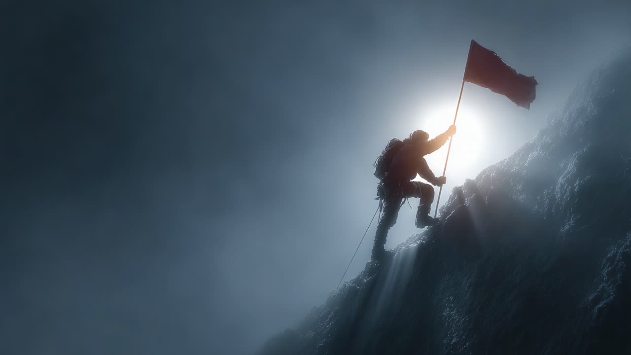 Uno scalatore determinato sale su una montagna scoscesa, tenendo alta una bandiera sullo sfondo di un'atmosfera nebbiosa ed enigmatica di trionfo e avventura