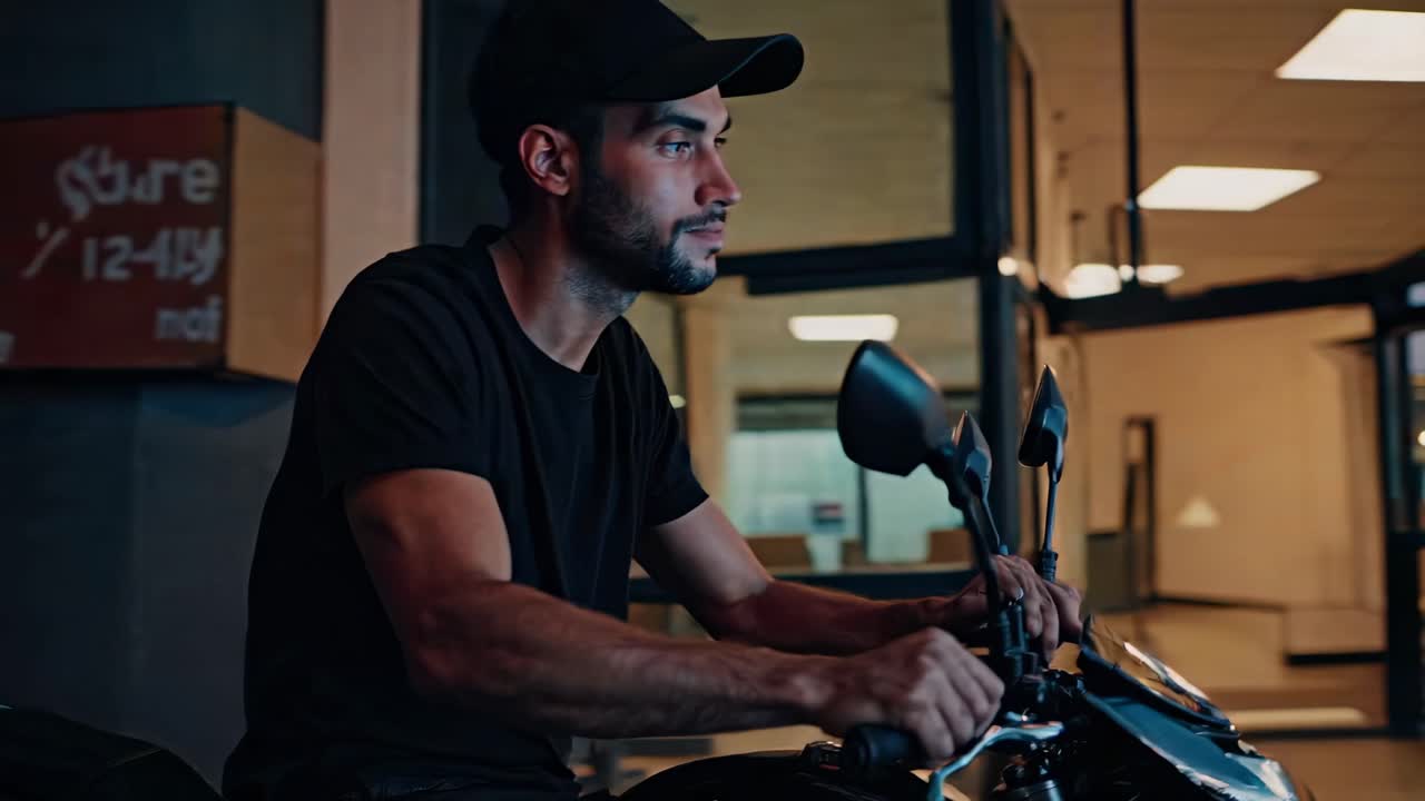 hombre montando una motocicleta por la noche