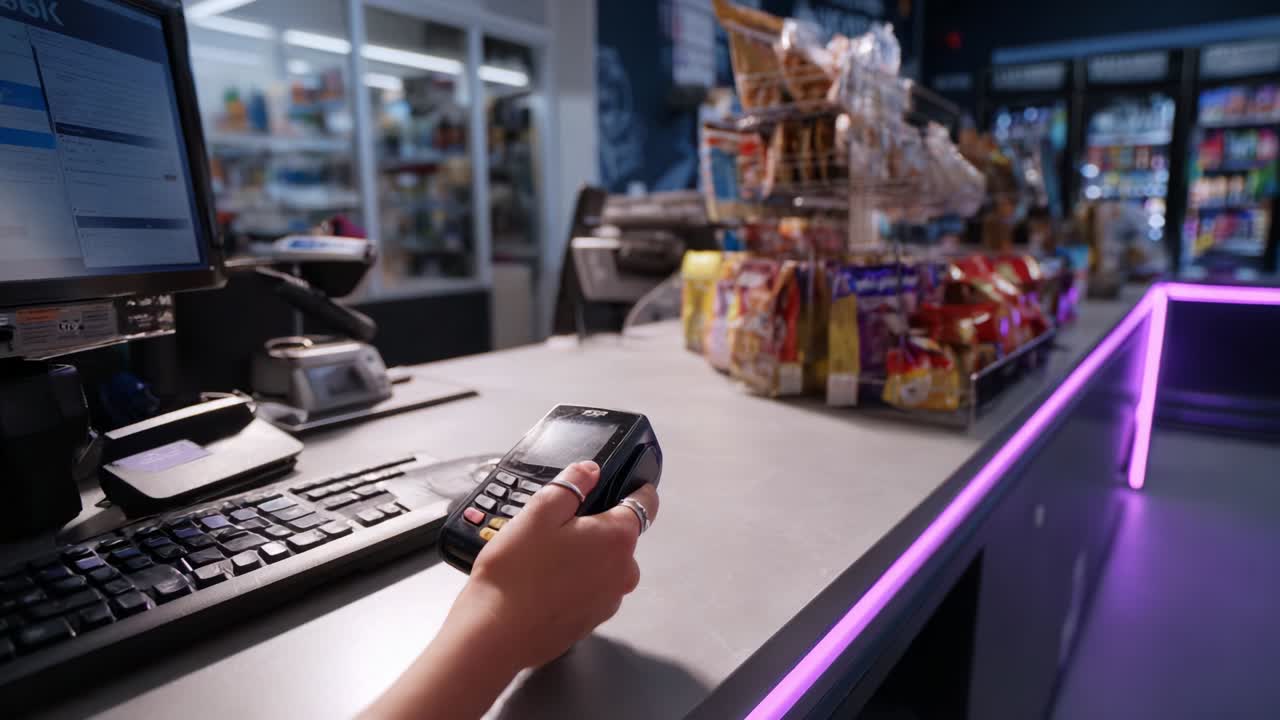 A Seamless Checkout Experience at a Modern Convenience Store Featuring a Handheld Payment Device, with Varied Snacks and Beverages Neatly Displayed in the Background, Ensuring Customer Convenience
