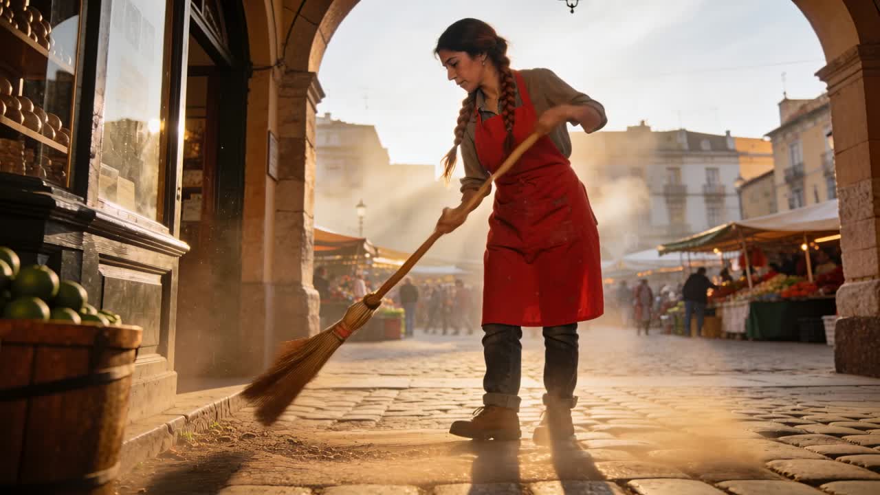 Lavoratore del mercato con grembiule rosso che spinge una scopa di paglia sotto un arco, rimuovendo la polvere sotto la luce del sole.