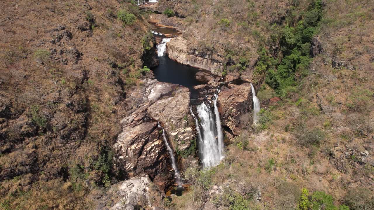 Aerial View of Stunning Waterfalls in a Dry Canyon