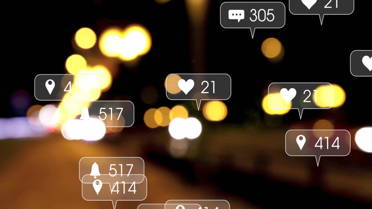 Animation of icons and data processing over out of focus city