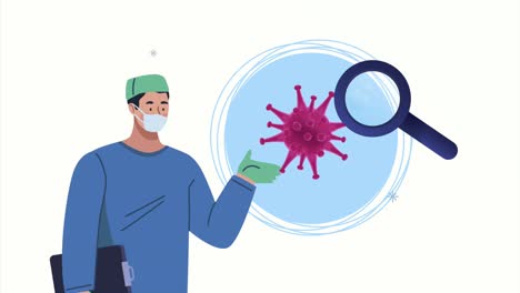 partículas de covid-19 con animación del médico