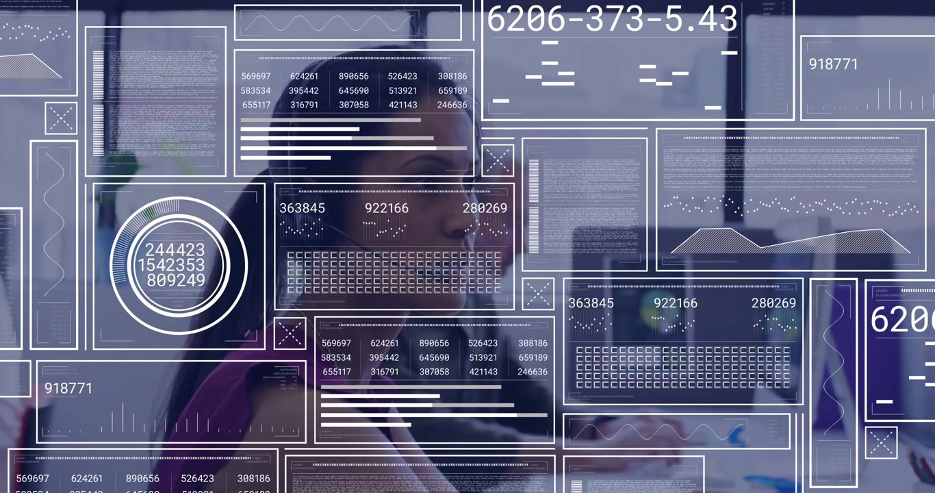 Professional Woman in Headset Working with Digital Data Overlay