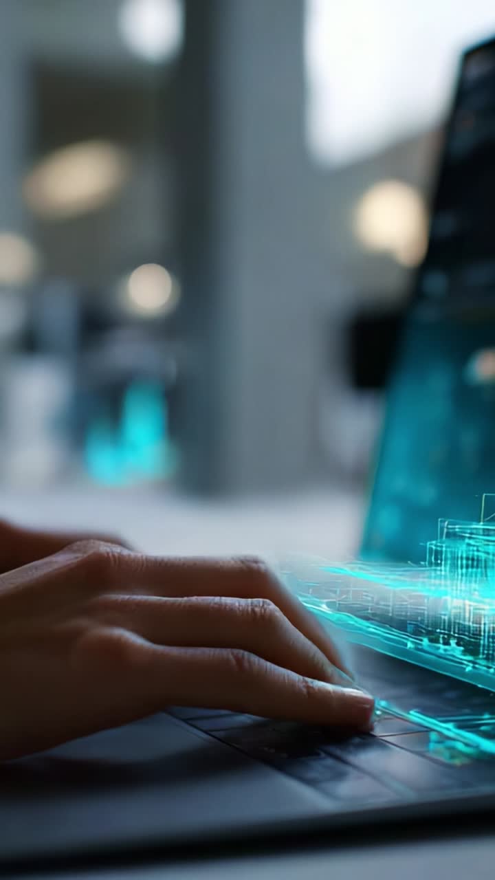 A futuristic scene showcasing a person's hand typing on a laptop, with digital holographic graphics emerging, representing advanced technology and innovation