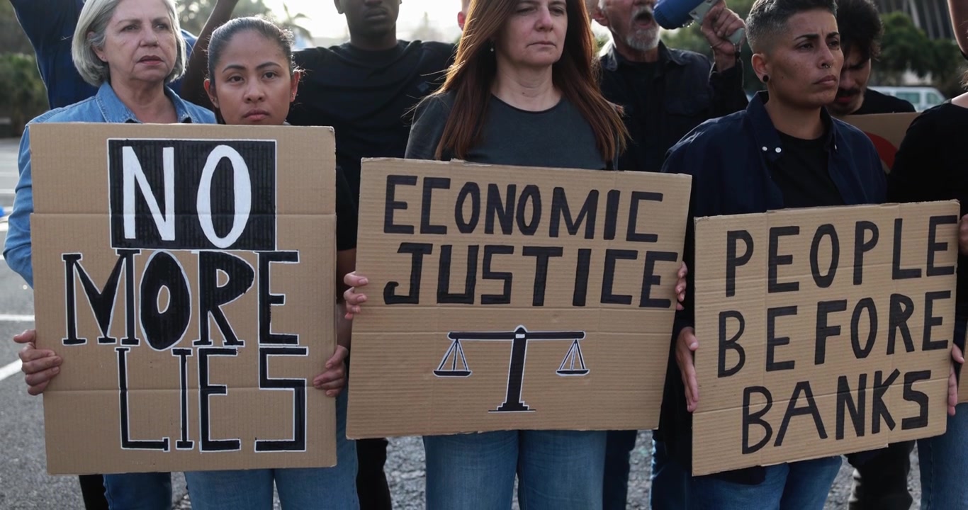 Diverse Group of Protesters Holding Signs for Economic and Social Justice