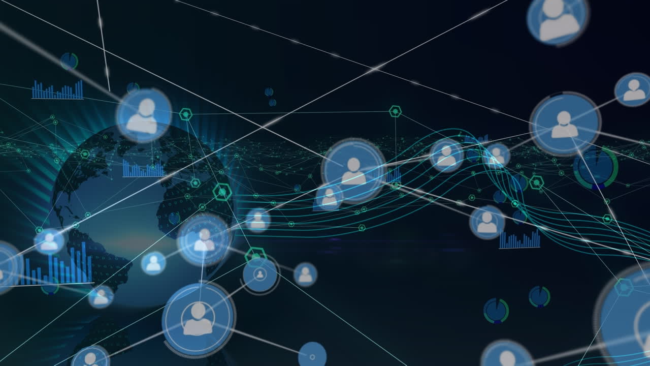 Animation of network of connections over black background with globe