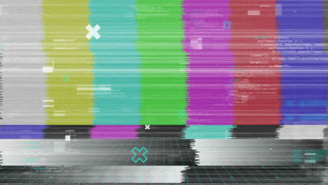 animation of cross icons over retro colour test screen with glitch