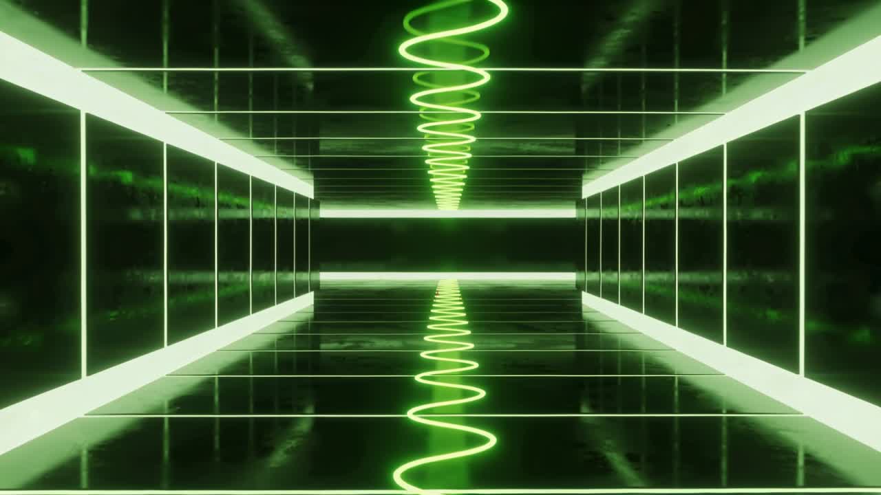 Looped animation starting pulsing neon-green spiral moving toward camera in corridor mirrored floor