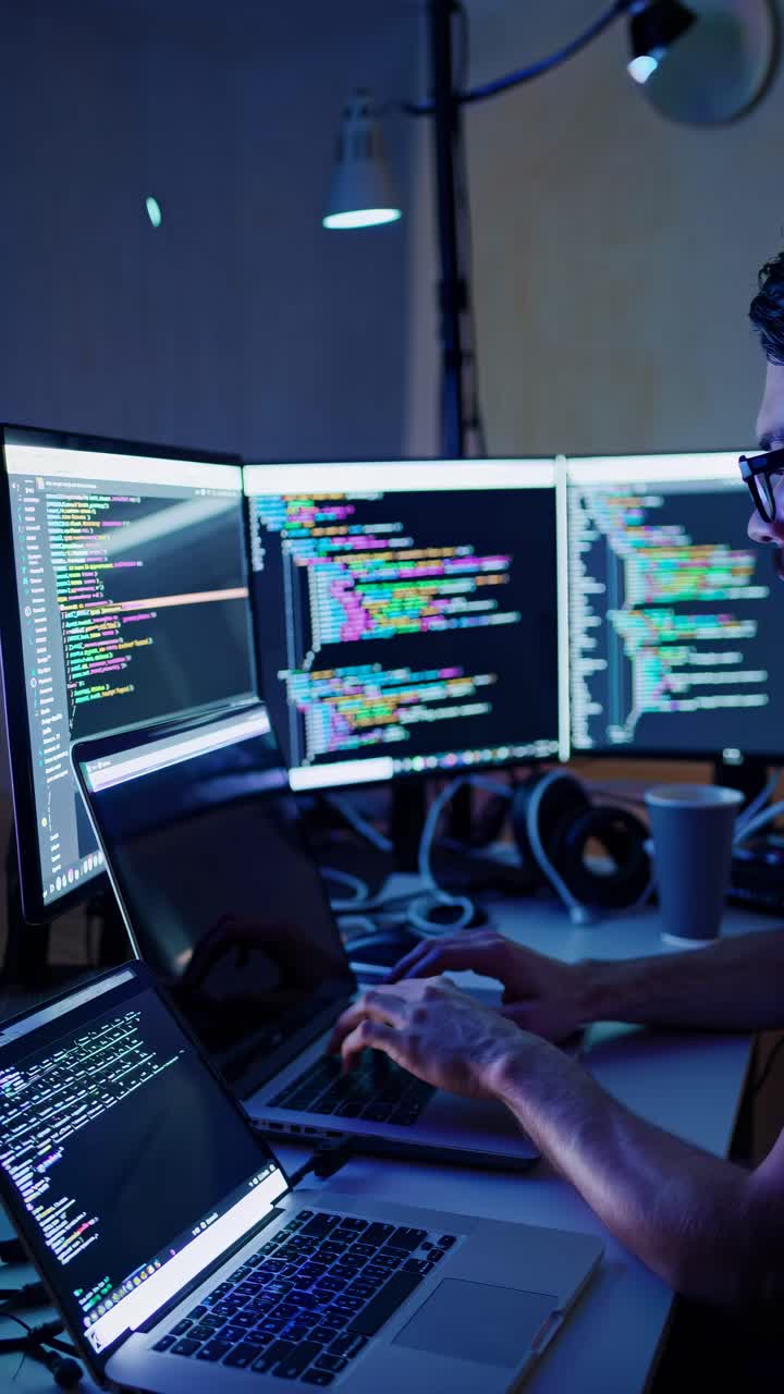 A programmer works on code at a multi-monitor setup. The side angle captures the tech-focused