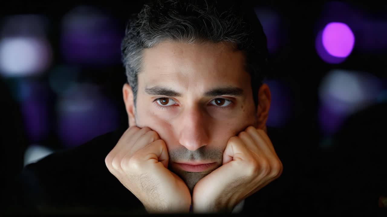 Contemplative Mood: A Man Reflecting Thoughtfully Amidst Digital Screens Highlighted in Vivid Colors, Signifying Introspection and Emotional Depth