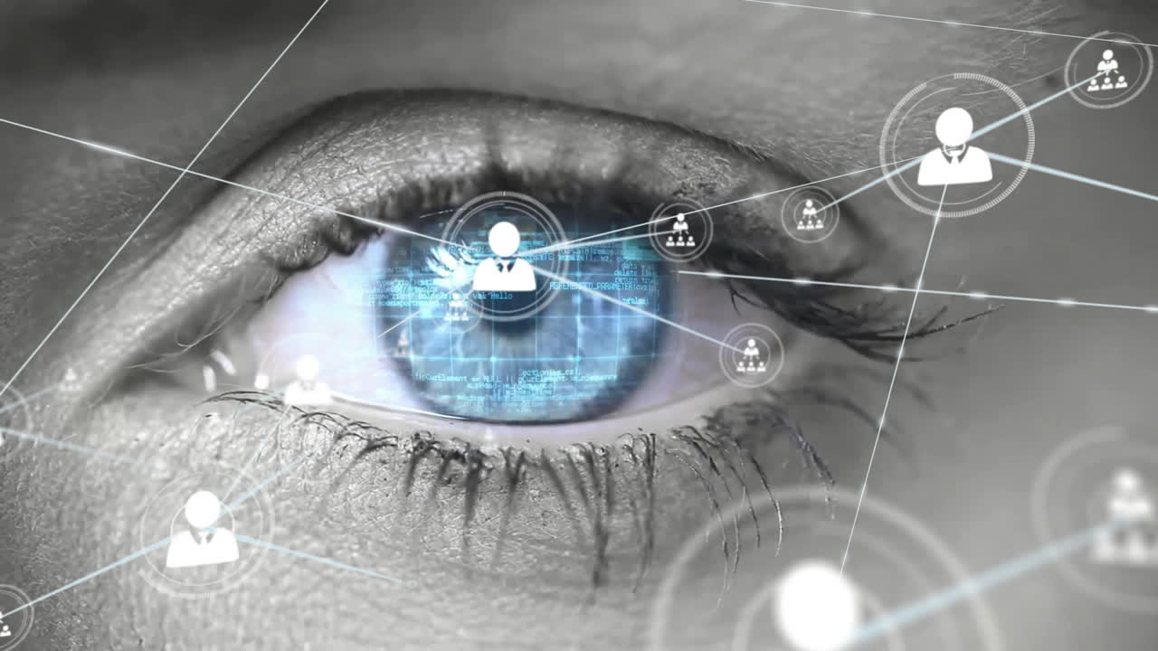 primer plano del ojo con conexiones de red y animación de procesamiento de datos digitales