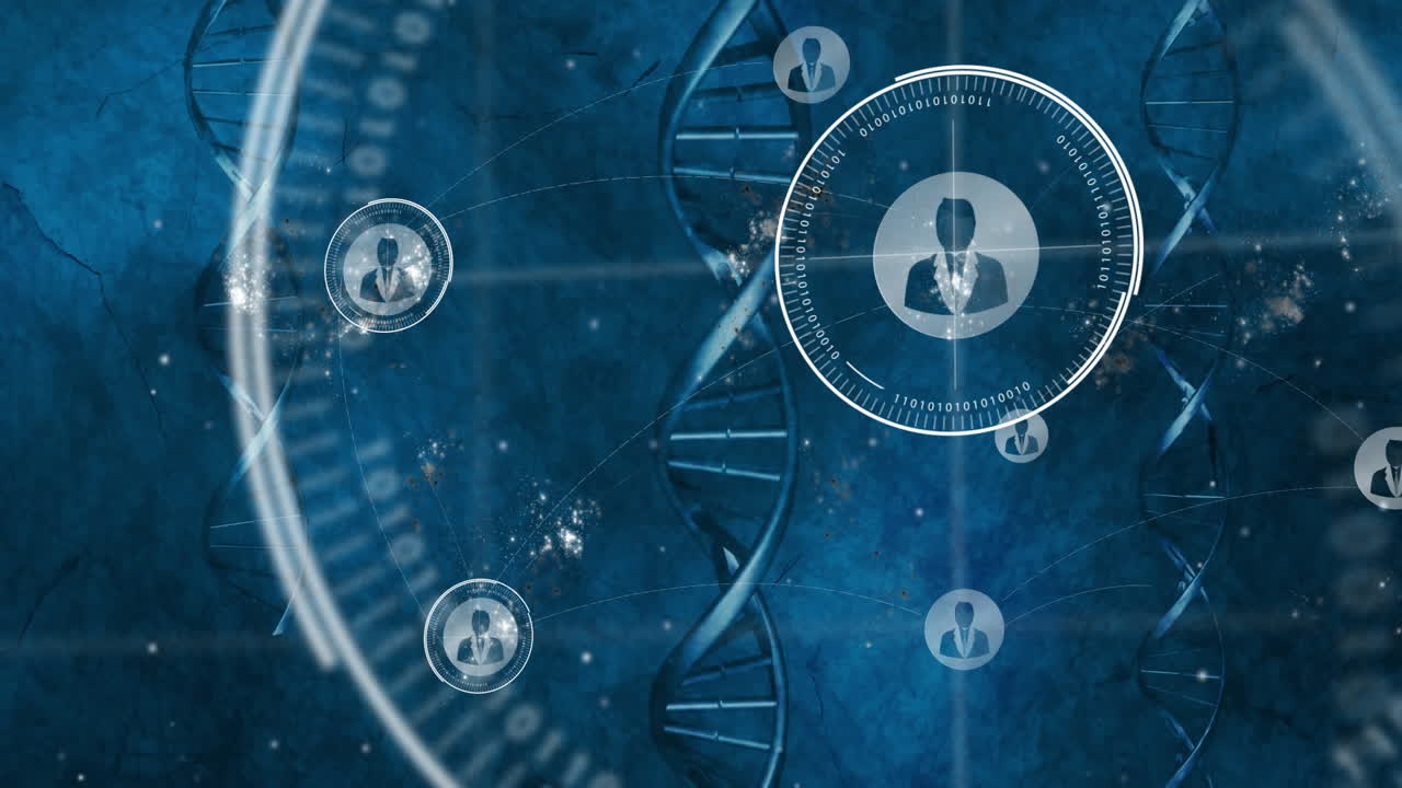 Animation of DNA strands and digital network connections on blue background