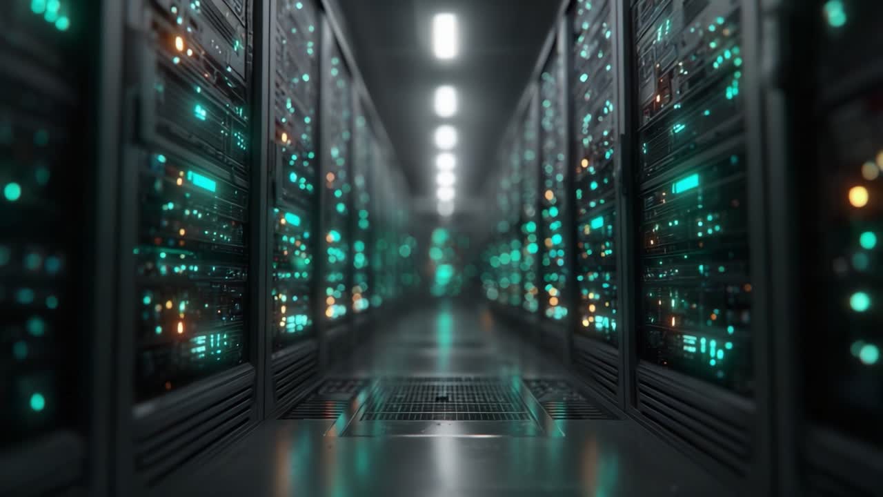 Esplorando un vasto Data Center: un viaggio attraverso file di server ad alta tecnologia illuminati da indicatori LED vivaci e illuminazione ambientale in una moderna infrastruttura IT.