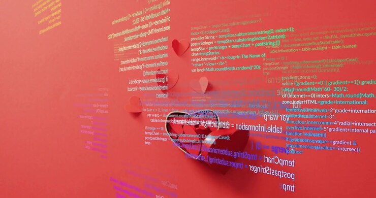 After one second heart-shaped box red corner with hearts, code drifting from sides swirling framing