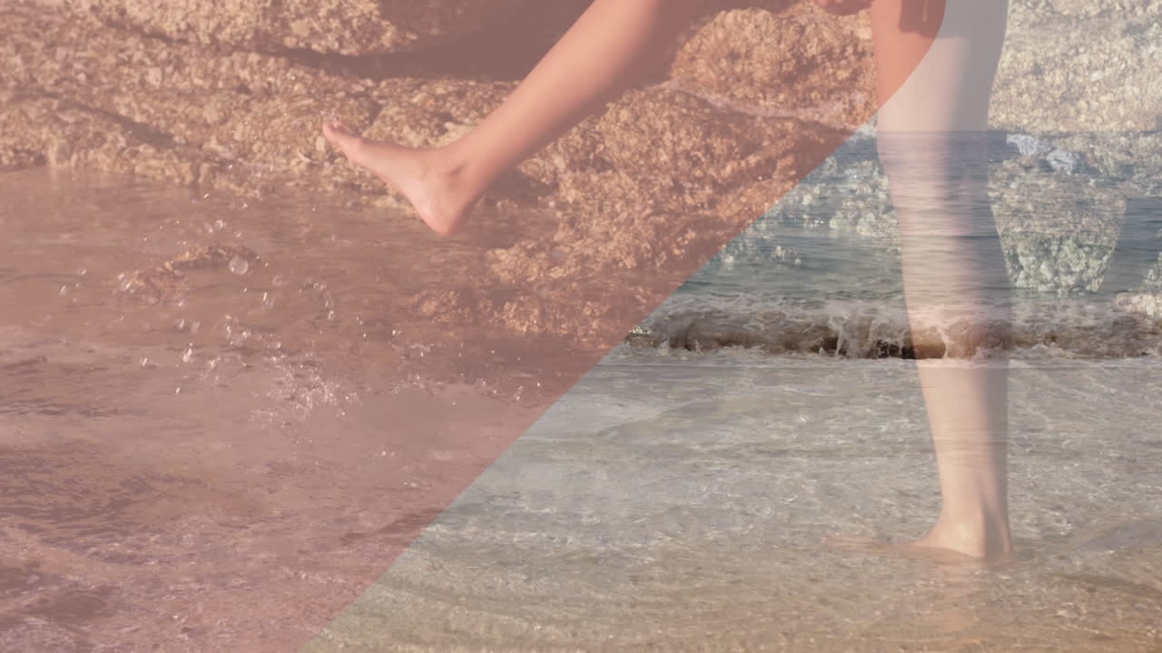 해변과 바다에서 백인 여성 위의 모양의 애니메이션