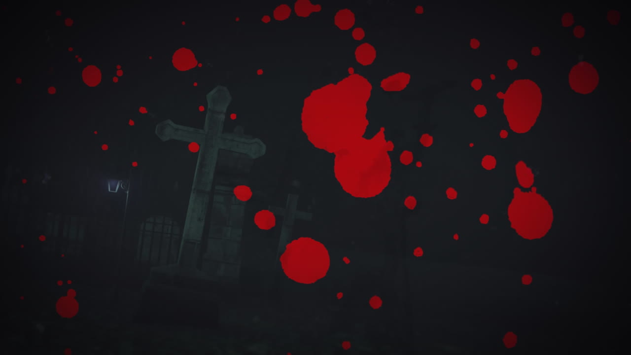 animación de sangre sobre el cementerio y linterna por la noche