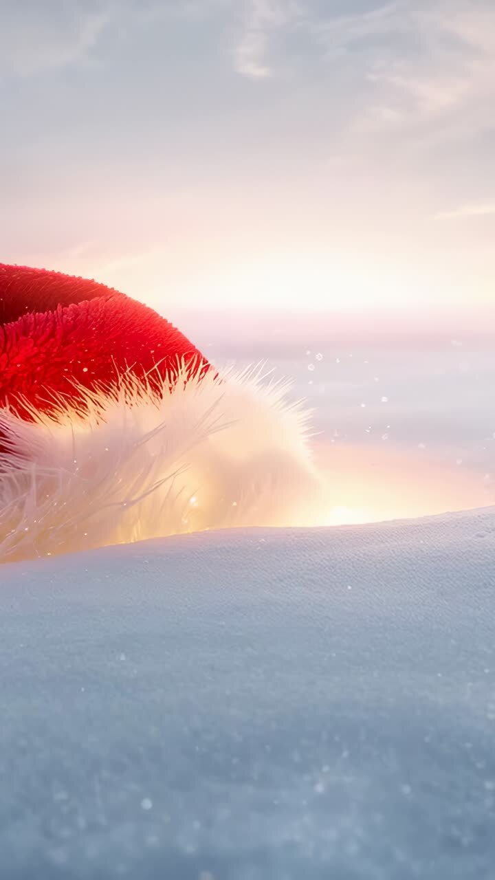 Vertical video: Rising sun backlighting, revealing red Santa hat with fur trim on snow, copy space
