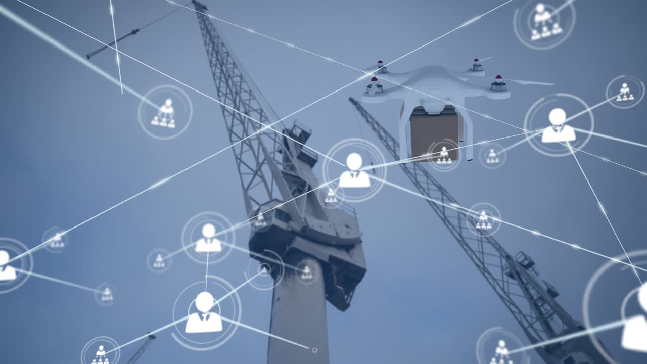 анимация сети соединений с иконами через дроны и краны