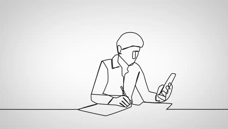 animación de dibujo de un hombre de negocios usando un teléfono inteligente sobre un fondo blanco.