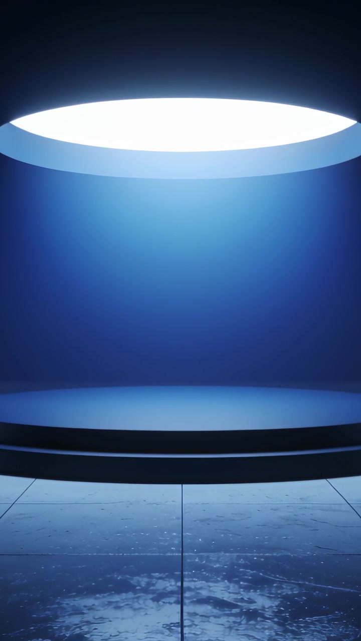 Vertical video: Pulsing overhead opening lighting round stage and worn tiles in studio for focus