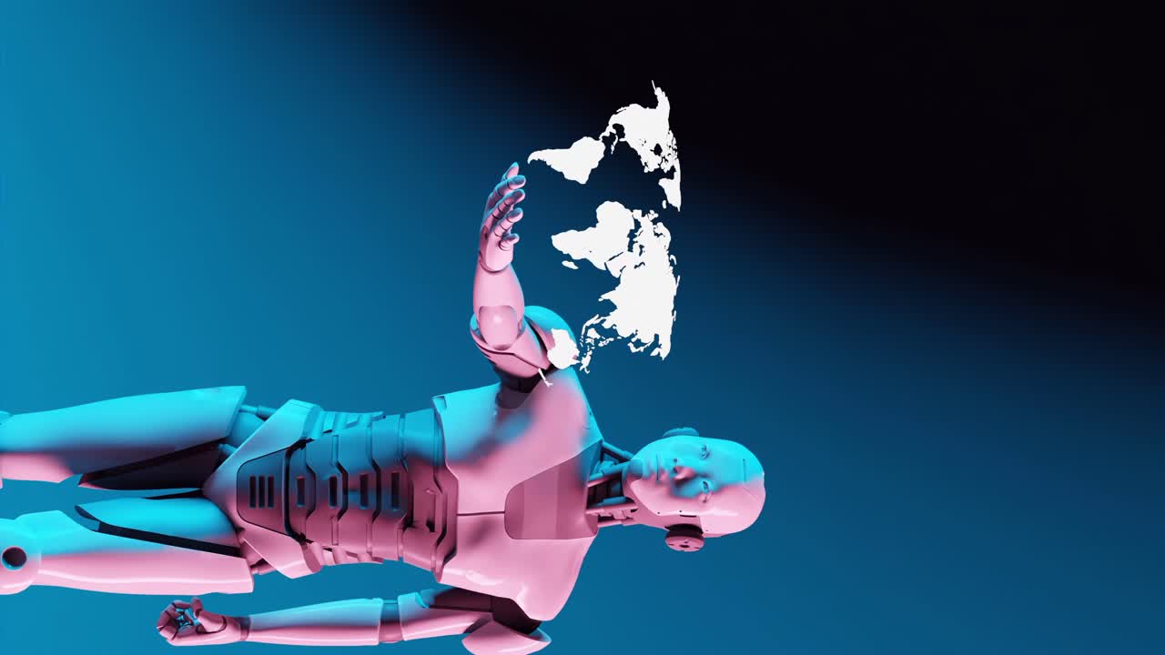 robot cibernético humanoide sosteniendo un mapa holográfico del globo en su mano, concepto de viaje e inteligencia artificial