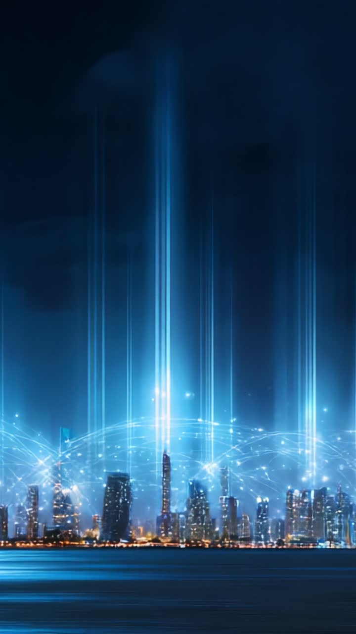 A stunning futuristic skyline illuminated by vibrant light beams and digital connections, showcasing the interplay of technology and urban landscapes at night