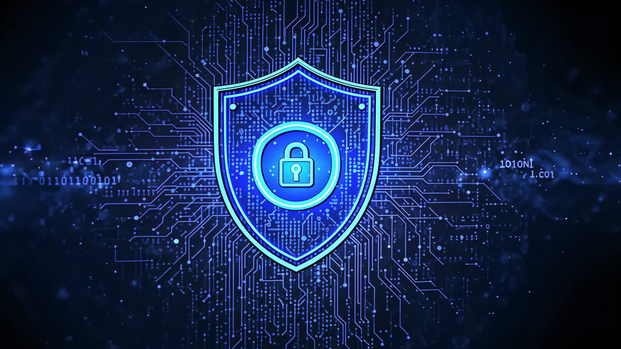 Digital shield pulsing and revealing padlock in cyberspace, scrolling binary representing security