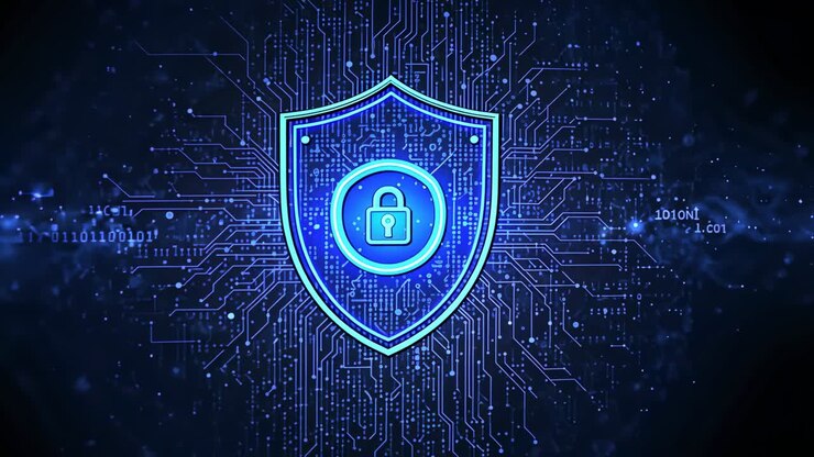 Digital shield pulsing and revealing padlock in cyberspace, scrolling binary representing security