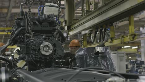 truck engine assembly in a factory