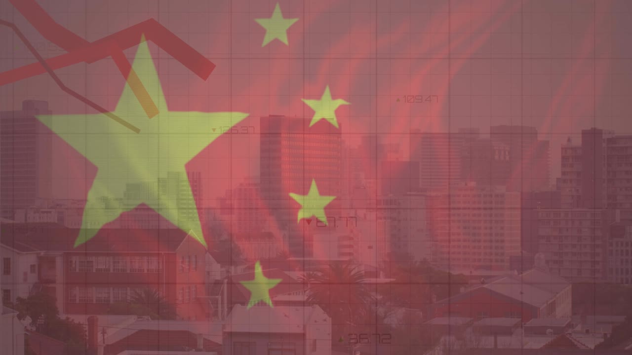Animação da bandeira da China e processamento de dados financeiros sobre paisagem urbana