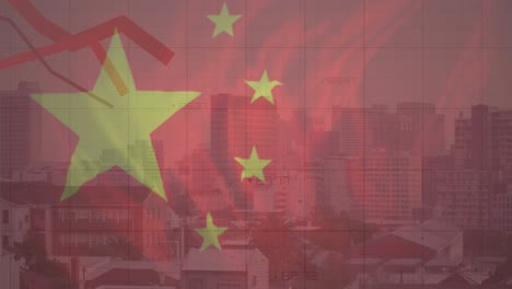 animation of flag of china and financial data processing over cityscape