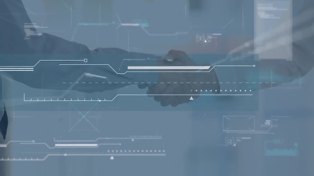 Animation of data processing over businessman handshake