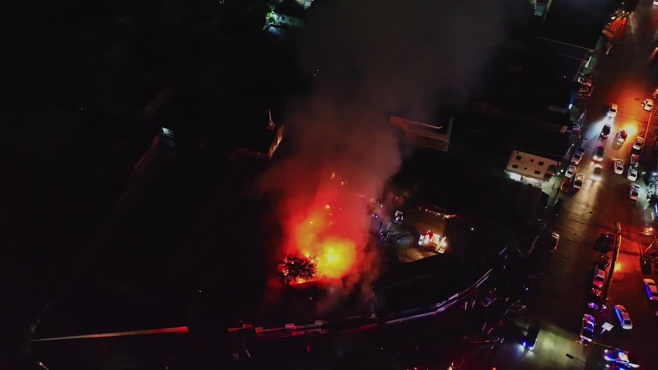 Establishing Aerial Shot of Emergency Services Responding to City Fire